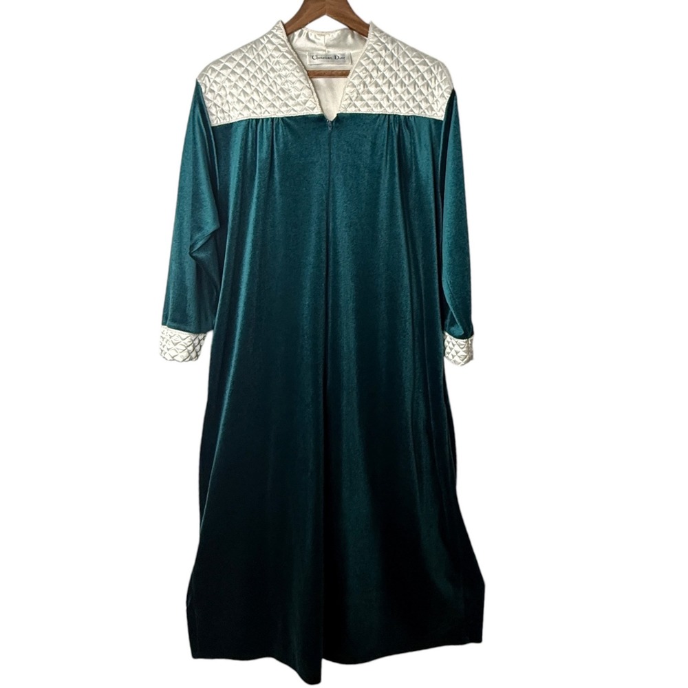 Christian Dior Vintage‎ Emerald Green Velour Maxi Robe Quilted Yoke Zip Front M